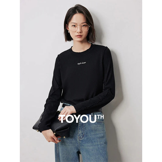 TOYOUTH Women Knitted Sweater 2024 Autumn New Round Neck Wave Edge Letter Embroidery Slim Waist Basic Shirt Tops