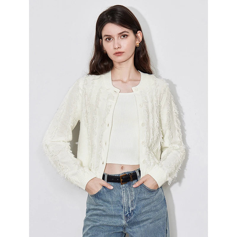 TOYOUTH Women Knitted Sweater 2024 Autumn New Pink Tassel Round Neck Long Sleeve Single Breasted Button Cardigan Tops