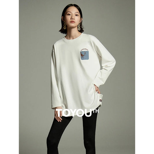 Toyouth Women Mid-length Tees 2024 Winter Long Sleeve Round Neck Loose T-shirt Embroidery Fashion Casual Oversized Warm Tops