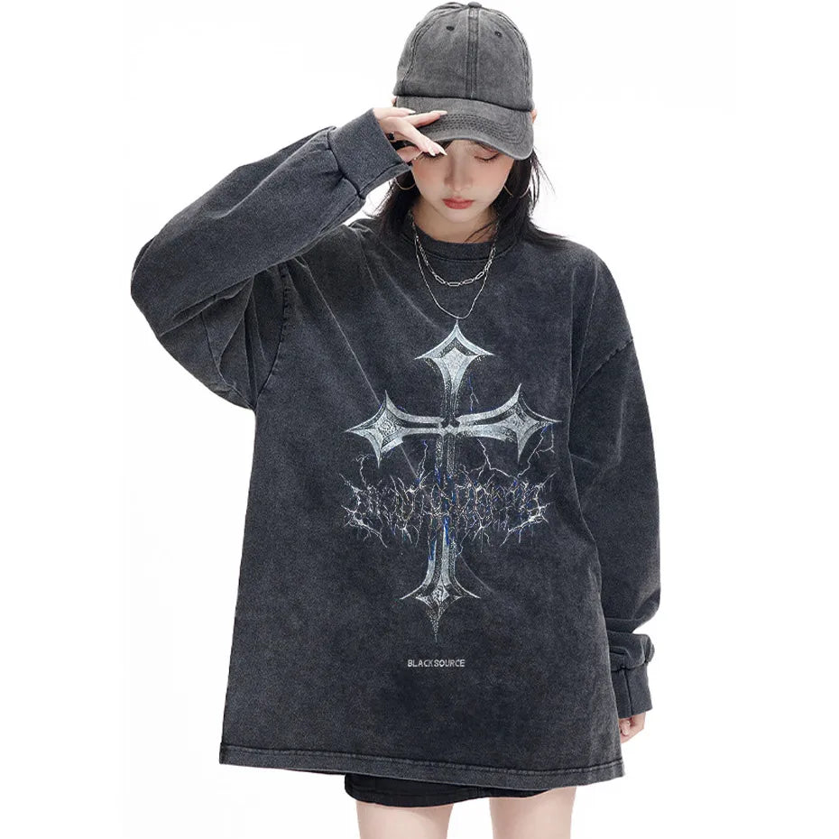 black source Oversize Fashion Mens Graphic T-Shirt Acid Wash T Shirt 2022 Summer Vintage Unisex High Street Cross Pattern