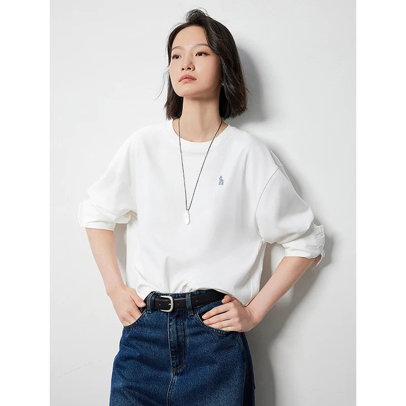 TOYOUTH Women Long Sleeve T-shirt 2024 Autumn New Letter Printed Off Shoulder Round Neck Cotton Base White Shirt