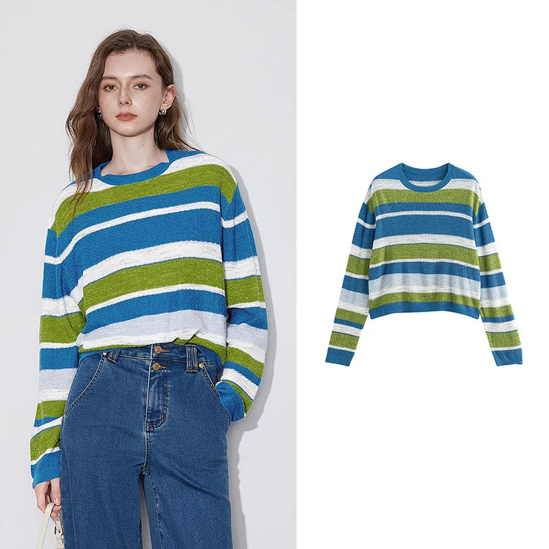 TOYOUTH Womens Knitted Sweater 2024 Autumn Winter New Striped Round Neck Simple Pullover Sweater