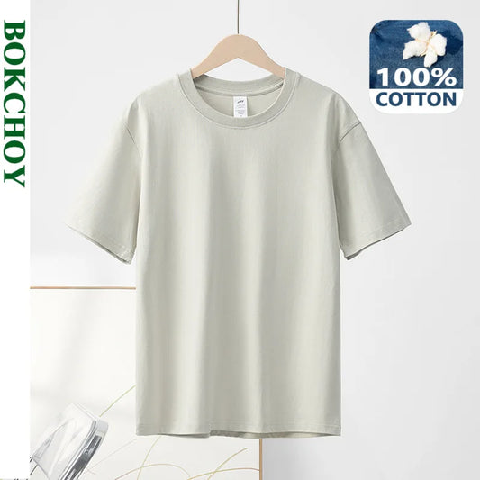 Spring Summer New Pure Cotton Simple Casual Short Sleeve T-shirts for Men Clothing Solid Color Loose Streetwear BOC01D