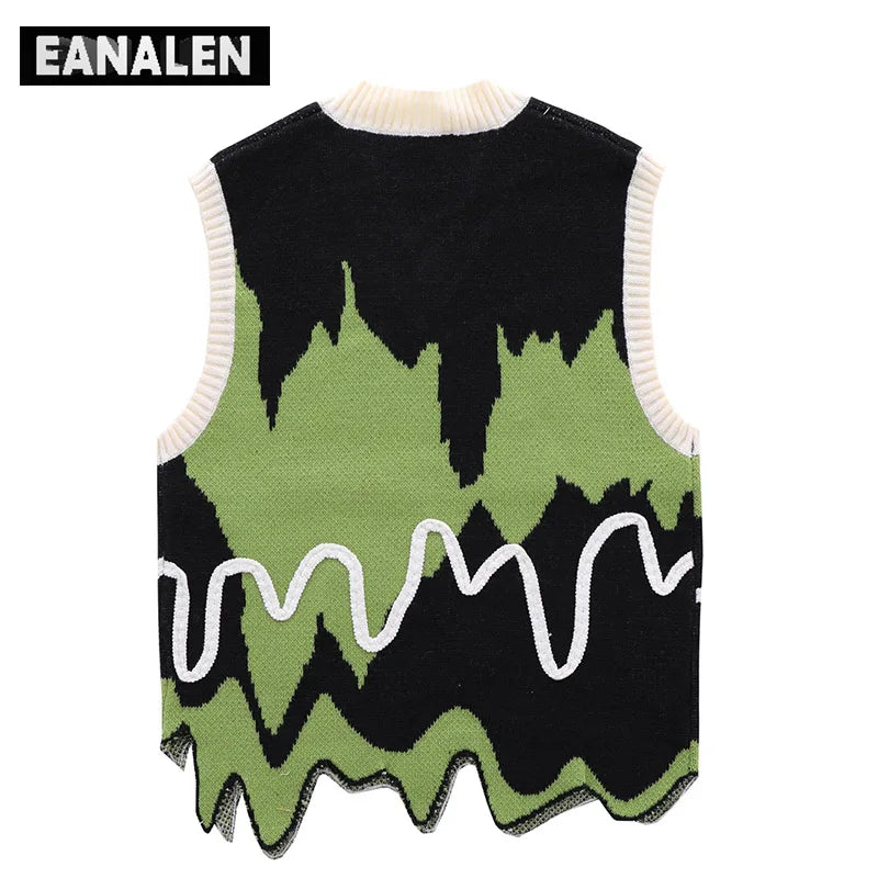 Harajuku Black Green Colorblock Jumper Sweater Vest Women's y2k Retro Oversized Knitted Ugly Sleeveless Sweater Men's Aesthetic