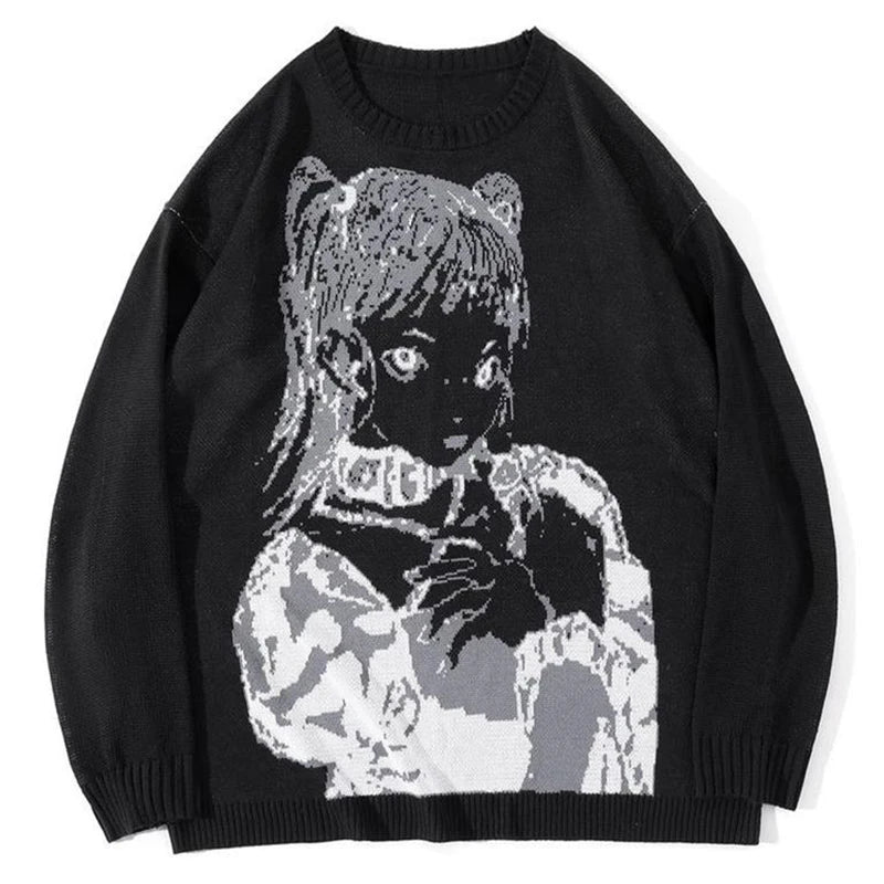 Oversized Sweater Men Women Harajuku Anime Girl Graffiti Vintage Knitted Sweater 2023 Winter Unisex Cotton Pullover Streetwear