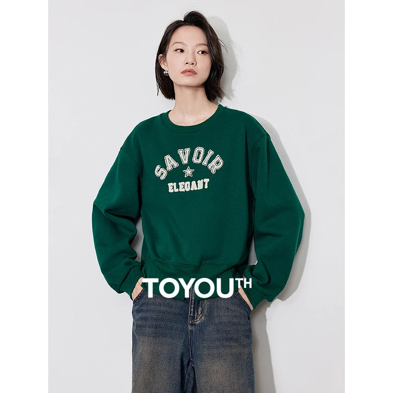 TOYOUTH Women Hoodie Sweatshirt 2024 Winter New American Style Letter Printed Round Neck Lazy Style Long Sleeved Pullover Tops