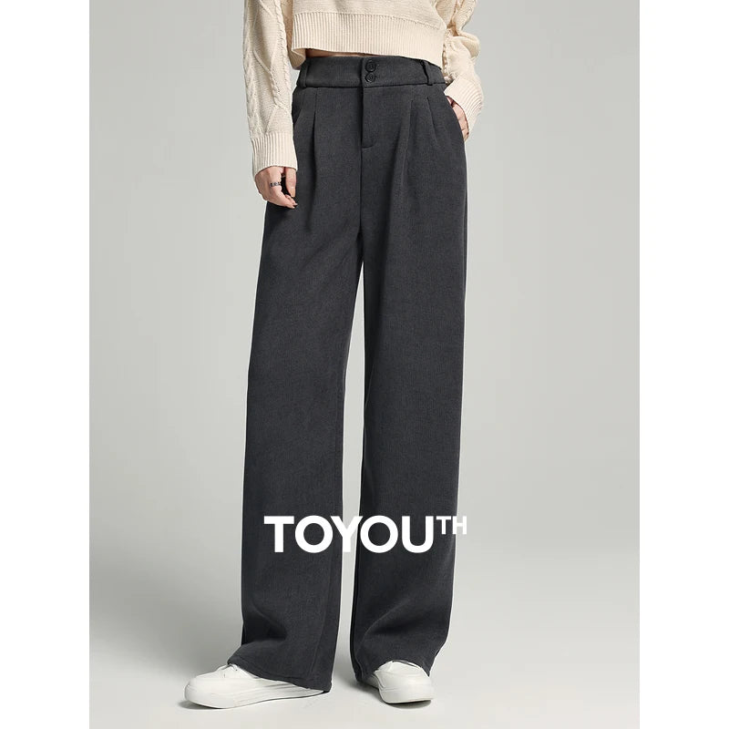 TOYOUTH Women Thicking Casual Pants 2024 Winter New Plush High Waist Straight Wide Leg Office Lady Long Pants