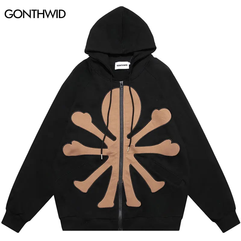 Hip Hop Hoodie Coat Y2K Men Harajuku Embroidery Patch Zipper Hooded Sweatshirt Jacket Streetwear 2024 Fashion Punk Loose Hoodies