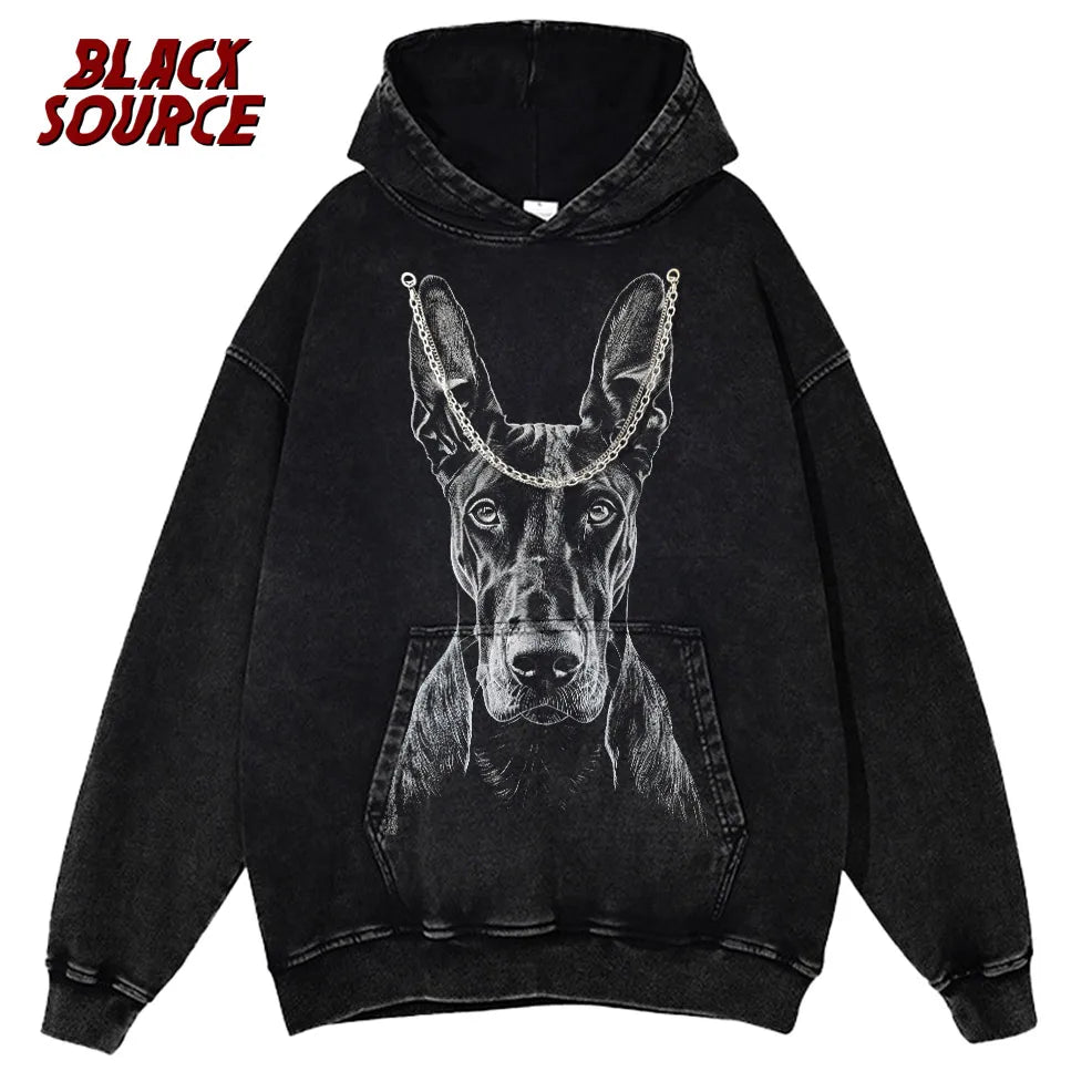 Men Streetwear Hip Hop Oversized T Shirt Funny Doberman Dog Graphic T-Shirt Vintage Washed Black Tshirt Harajuku Cotton P0843