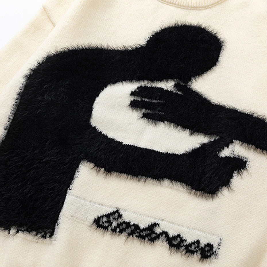 Men Hip Hop Streetwear Sweaters Graphic Embroidery Harajuku Oversized Knit Sweater Black Beige Loose Knitted Jumper