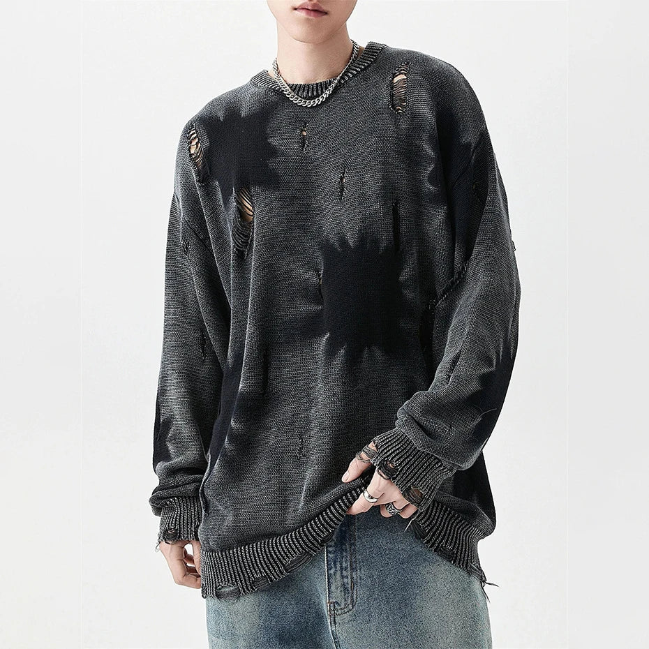 Hip Hop Oversized Sweater Tie Dye Ripped Knit Jumper Men's Harajuku Streetwear Pullover Sweater