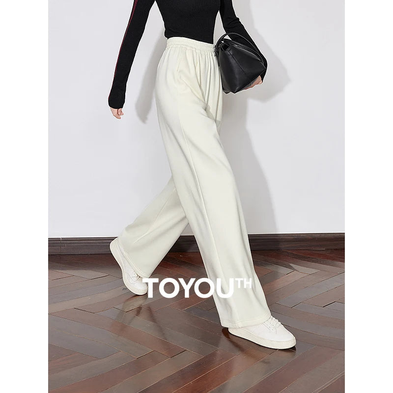 TOYOUTH Women Fleece Casual Pants 2024 Autumn and Winter New Elastic Waist Lazy Style Straight Wide Leg Long Sweatpants