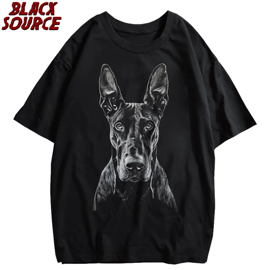 Men Streetwear Hip Hop Oversized T Shirt Funny Doberman Dog Graphic T-Shirt Vintage Washed Black Tshirt Harajuku Cotton P0843