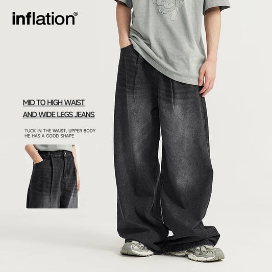 INFLATION High Street Wide Leg Jeans Men Washed Baggy  Denim Trousers