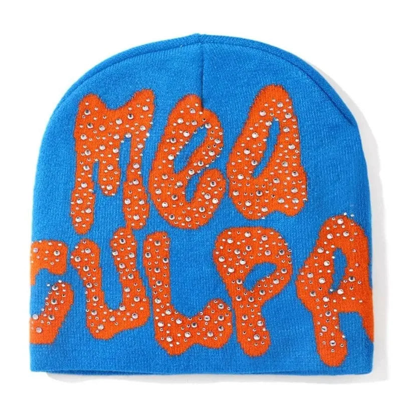 2023 NEW Y2K MEA Culpa Beanies Hat with Rhinestone for Women Men Beanies Hats Hip-hop Soft Stretch Warm Knitted Slouchy Cap