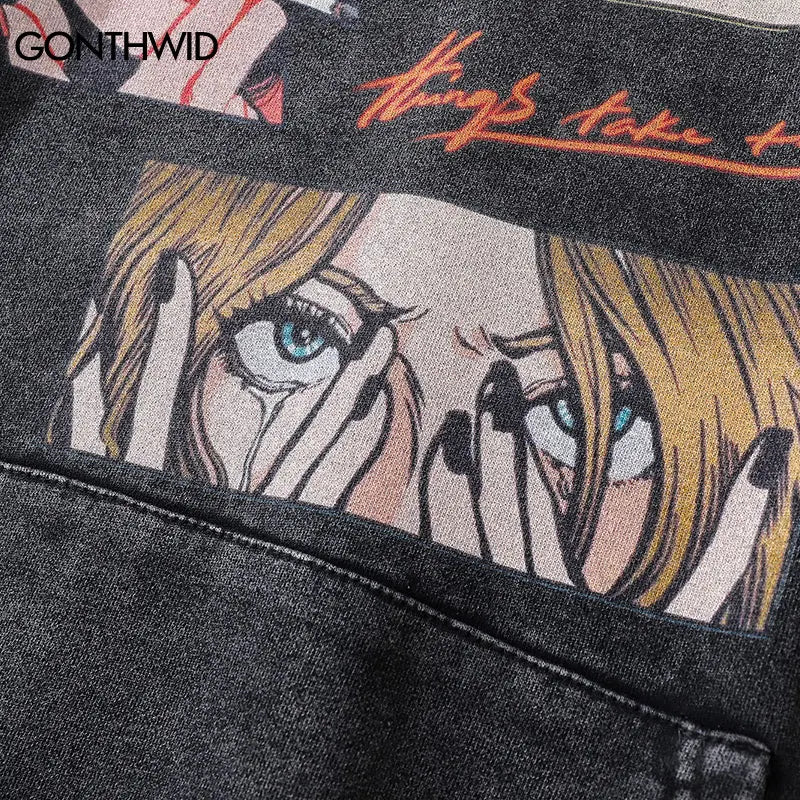Harajuku Vintage Graphic Hoodie Y2K 2024 Hip Hop Japanese Cartoon Girl Anime Eyes Print Punk Gothic Pullover Hooded Sweatshirt