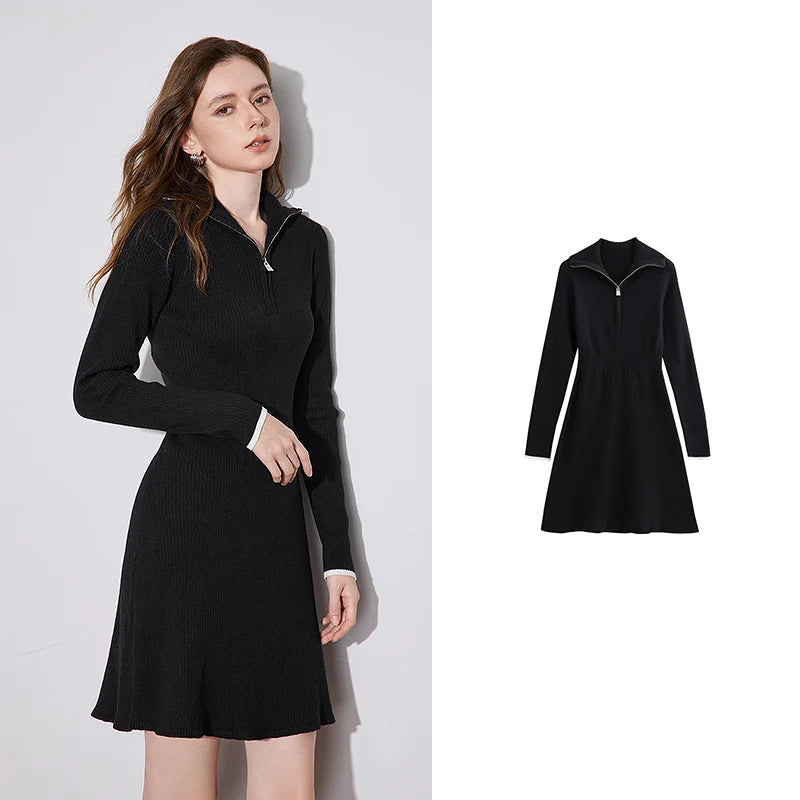 TOYOUTH Women Knitted Dress 2024 Autumn New Zipper Collar Long Sleeve A Line Slim Waist Black Mini Dress