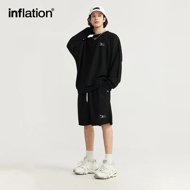 INFLATION Spring Oversized Tracksuit Sportswear Unisex Pique Fabric Embroidery Long Sleeve Tees and Shorts Set