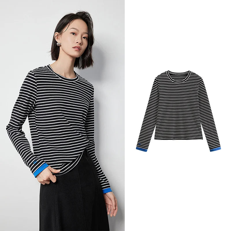 TOYOUTH Women Long Sleeve T-shirt 2024 Autumn New Striped Contrasting Color High Street Base Casual Tee Tops