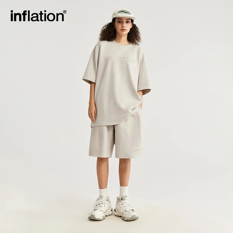 INFLATION Summer Oversized Tracksuit Set Unisex Suede Fabric Embossed T-shirts and Shorts Set