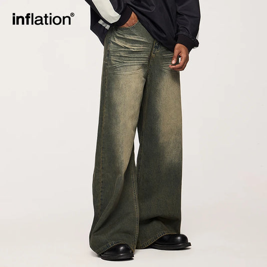 INFLATION Men's Vintage Washed Floor-Length Jeans American Street Style Loose-Fit Distressed Denim Pants