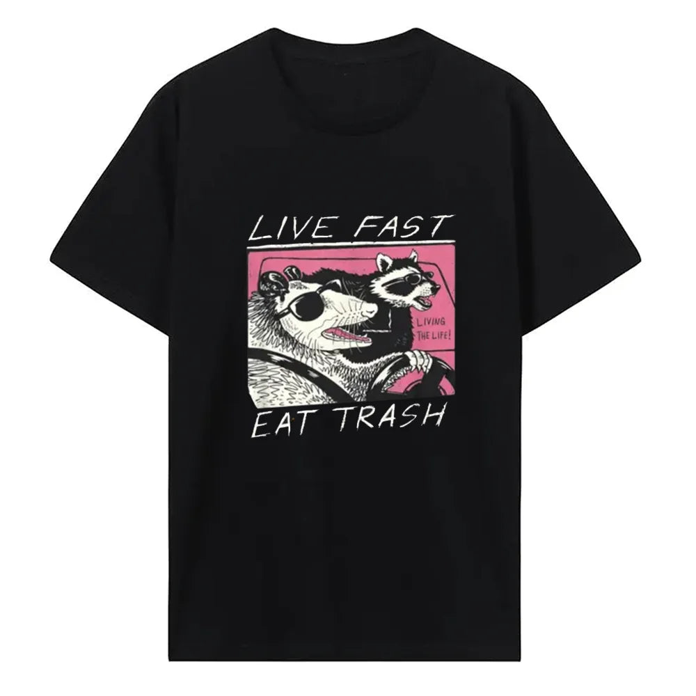 Fashion Funny Possum Raccoon Live Fast Eat Trash Street Cats Squad T-Shirt Amazing Quality Top Casual Hip Hop tees 62483