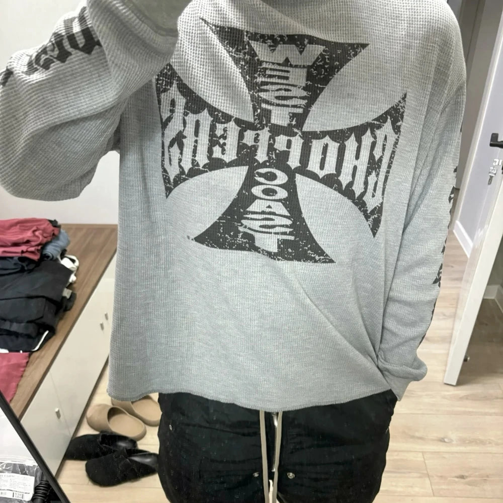 Yao888 Vintage Loose Streetwear HipHop Sanskrit Logo Print Tee Long Sleeve Oversize Y2k High Quality Fashion T Shirt For Men