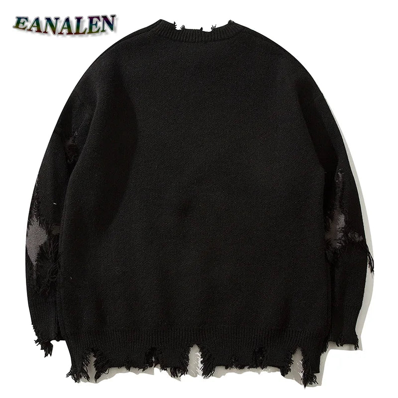 Harajuku Retro Black Broken Sweater Men's Winter Oversized Demon Skull Pullover Rock Jumper Knitted Grandpa Ugly Sweater Women's