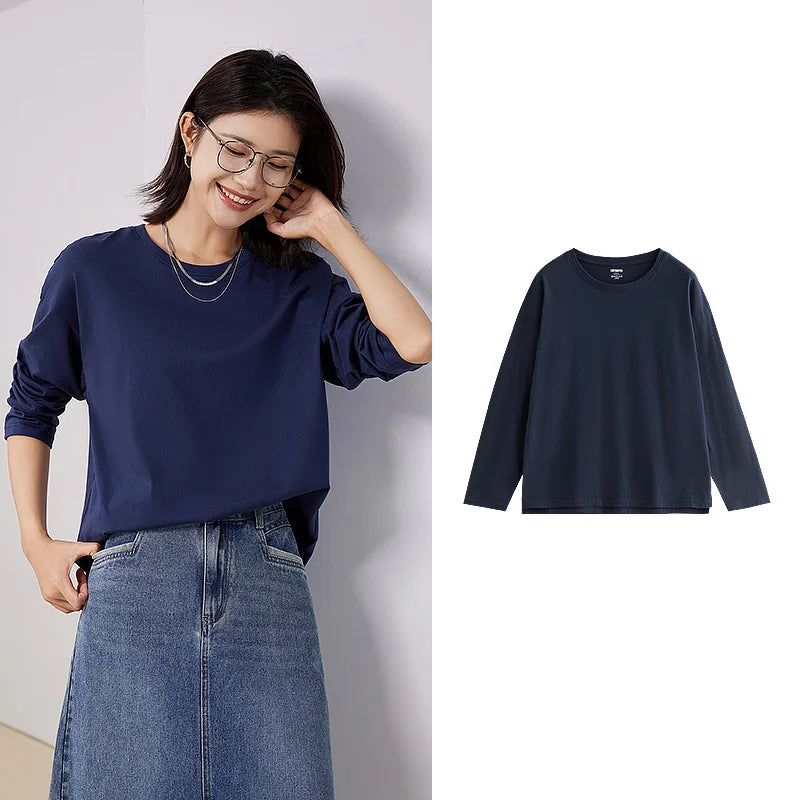 Toyouth Women Tees 2023 Autumn Long Sleeves O Neck Loose T-shirt 100% Cotton Solid Color Casual Simple Basic All-match Tops