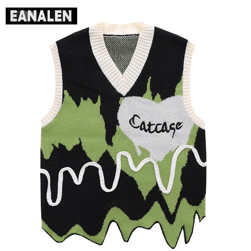 Harajuku Black Green Colorblock Jumper Sweater Vest Women's y2k Retro Oversized Knitted Ugly Sleeveless Sweater Men's Aesthetic