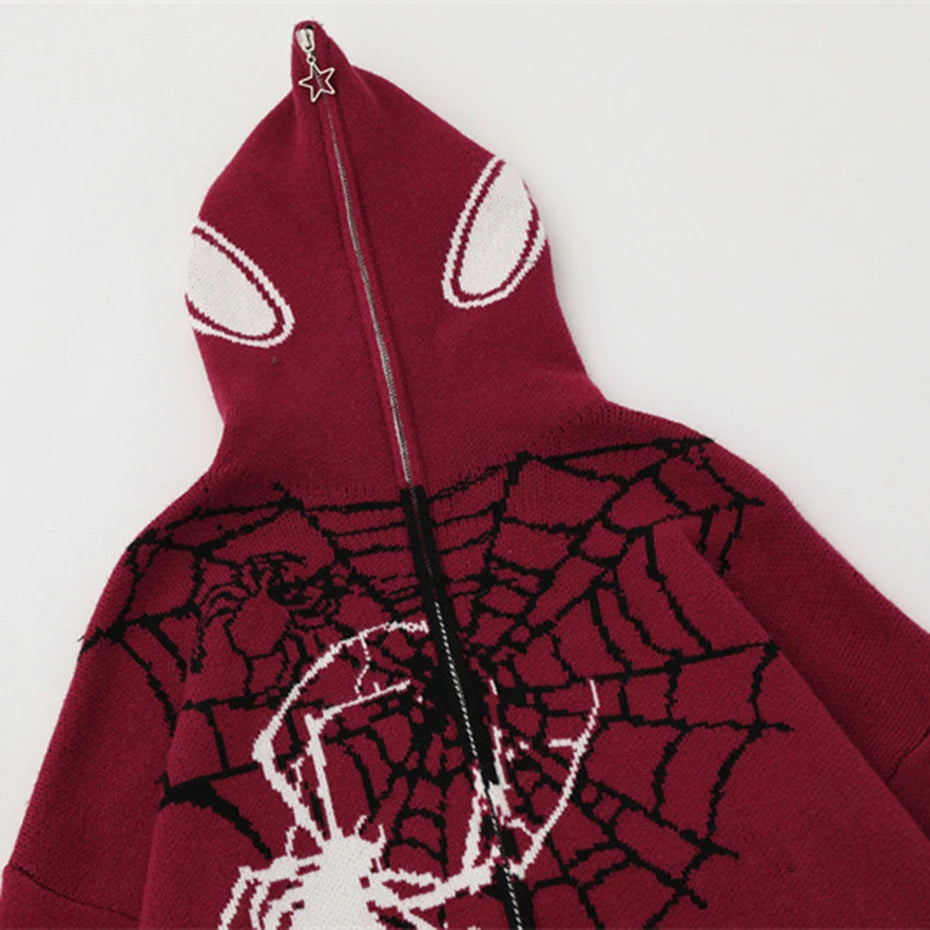 Men Hip Hop Sweater Spider Web Graphic Hooded Knit Sweaters Zipper Cardigan Streetwear Oversized Sweater Knitted Hoodie Jacket