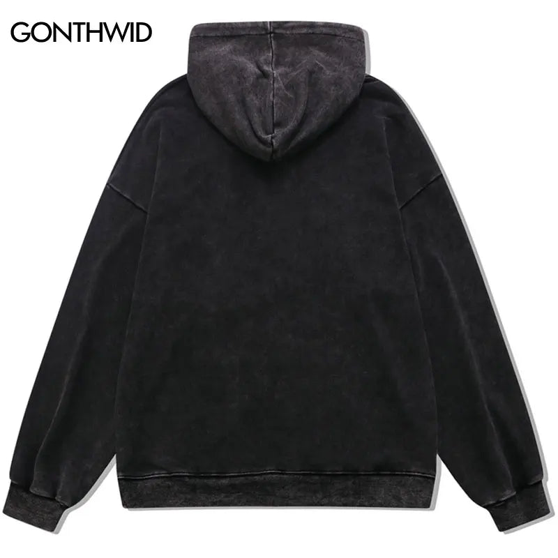 Men Hip Hop Hoodie Streetwear Vintage Skeleton Skull Devil Print Distressed Washed Hooded Sweatshirt 2024 Harajuku Retro Hoodie