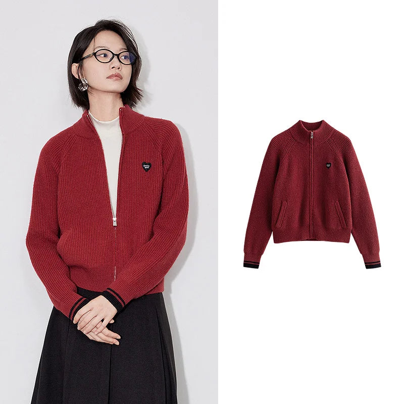 TOYOUTH Women Knitted Sweater 2024 Autumn New Zipper Stand Up Collar Long Sleeve Cardigan Jacket Coat