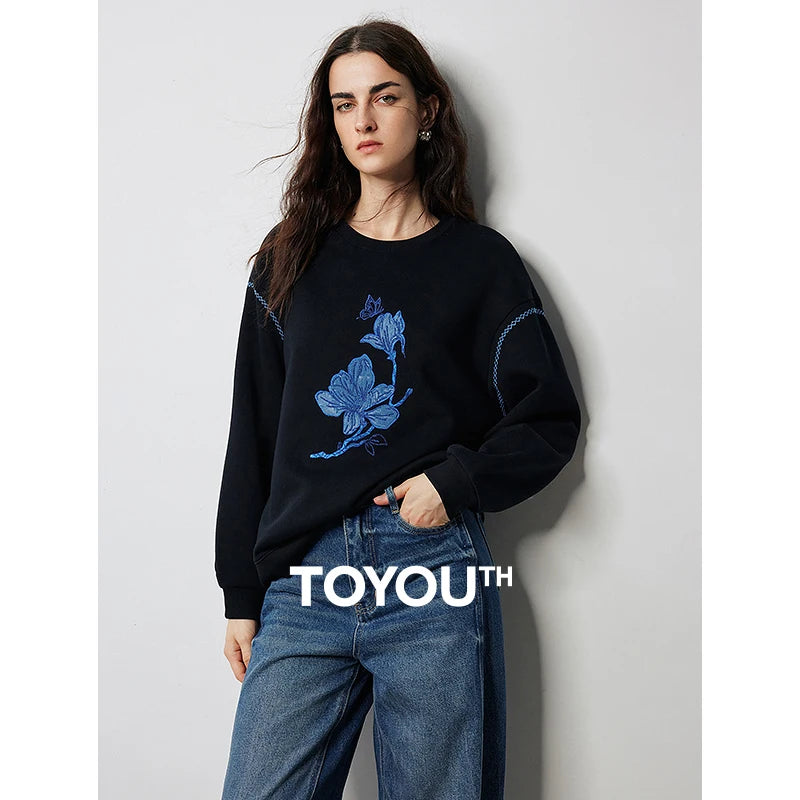 TOYOUTH Womens Sweatshirt 2024 Spring New Applique Flower Embroidery Long Sleeve Round Collar Streetwear Pullover Tops