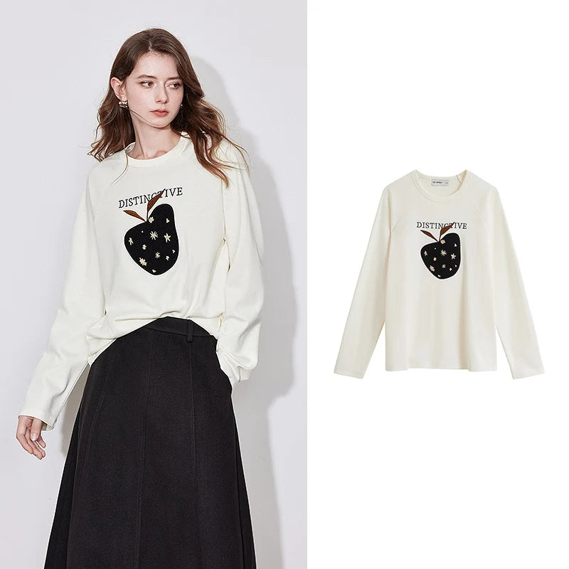 TOYOUTH Women Long Sleeve T-shirt 2024 Autumn New Apple Pattern Round Neck Cotton Outerwear White Tops