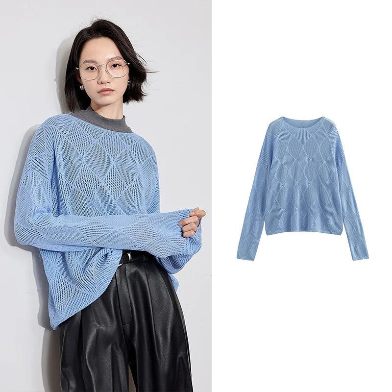 TOYOUTH Women Knitted Sweater 2024 Autumn New Style Diamond Hallow Out Pullover Round Neck Tops