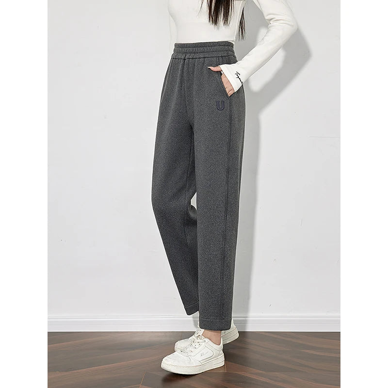 TOYOUTH Women Fleece Casual Pants 2024 Winter New Lazy Style Elastic Waist Straight Banana Pants