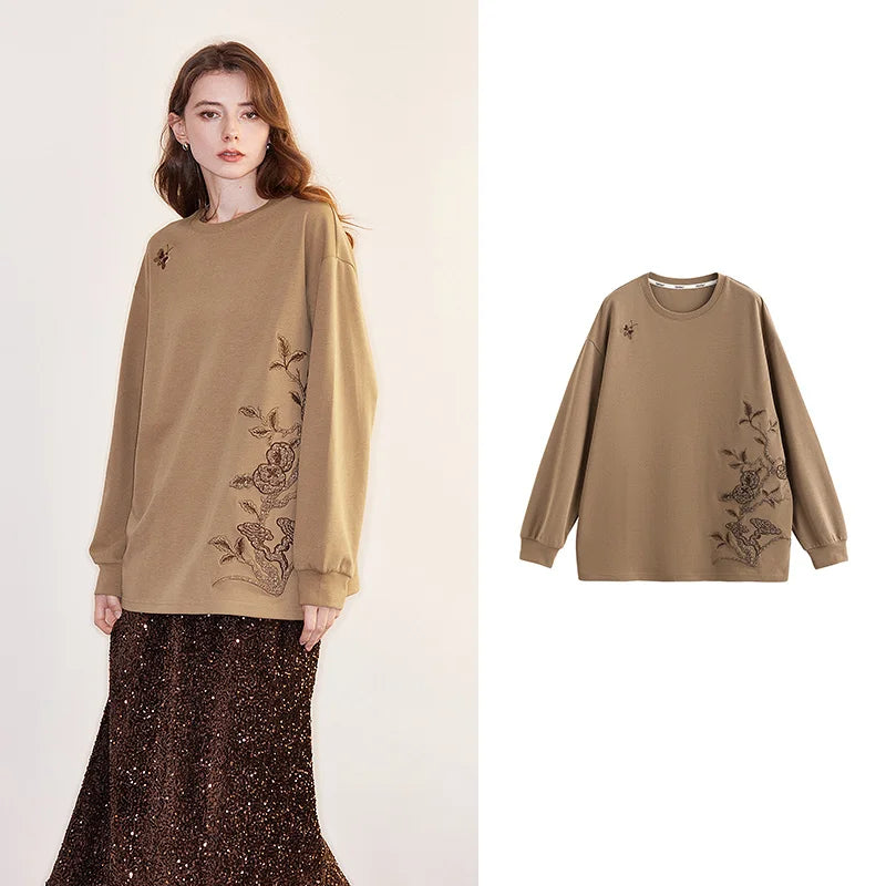 TOYOUTH Women Long Sleeve T-shirt 2024 Autumn and Winter New Chinese Style Persimmon Embroidered Round Neck Pullover Tops