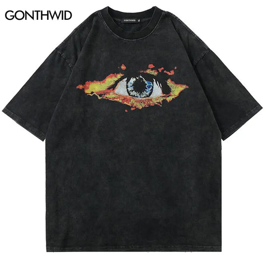 Vintage Black T-Shirt Y2K Hip Hop Flame Eye Graphic Print Washed Tshirt Streetwear 2024 Harajuku Loose Short Sleeve Cotton Tops