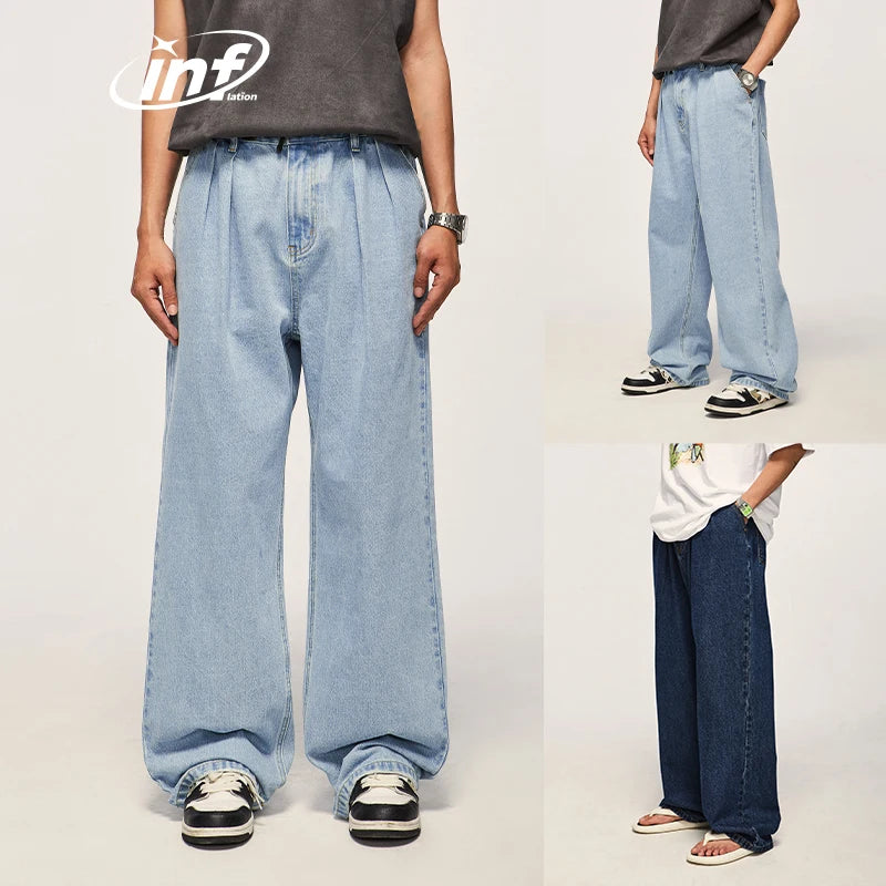 INFLATION Blue Retro Washed Denim Pants Male Classic Straight Leg Jeans Unisex Baggy Trousers