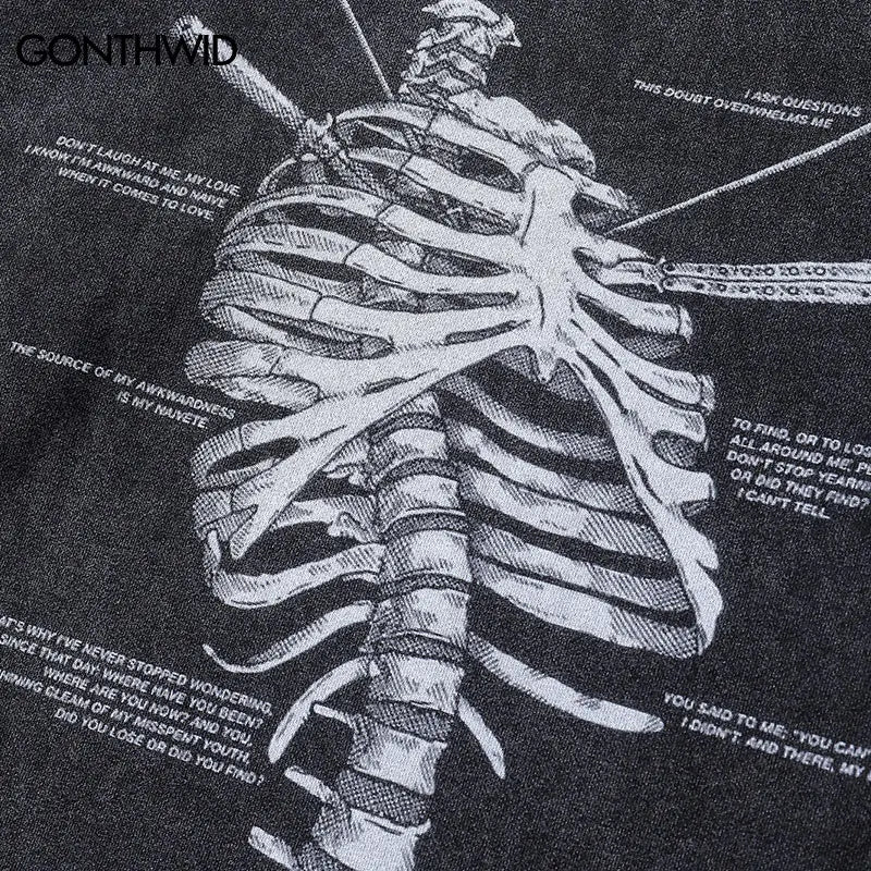 Men Vintage Hoodie Streetwear Hip Hop Skull Skeleton Graphic Print Oversize Hooded Sweatshirt Fashion Punk Gothic Washed Hoodies
