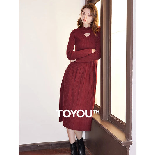 TOYOUTH Women Knitted Dress 2024 Autumn and Winter New Turtleneck Collar Hollow Out Knitted Medium Long Woolen Dress