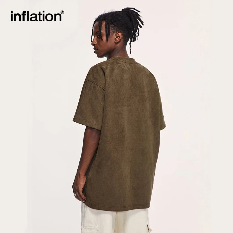 INFLATION High Street Faux Suede T-shirts Men Streetwear Oversized Tees Unisex