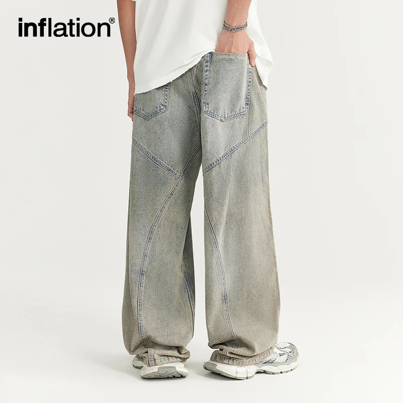 INFLATION Streetwear Oversized Irregular Stitching Jeans Men Washed Wide Leg Denim Pants Trousers