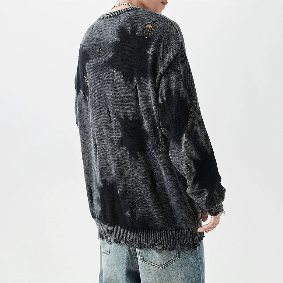 Hip Hop Oversized Sweater Tie Dye Ripped Knit Jumper Men's Harajuku Streetwear Pullover Sweater