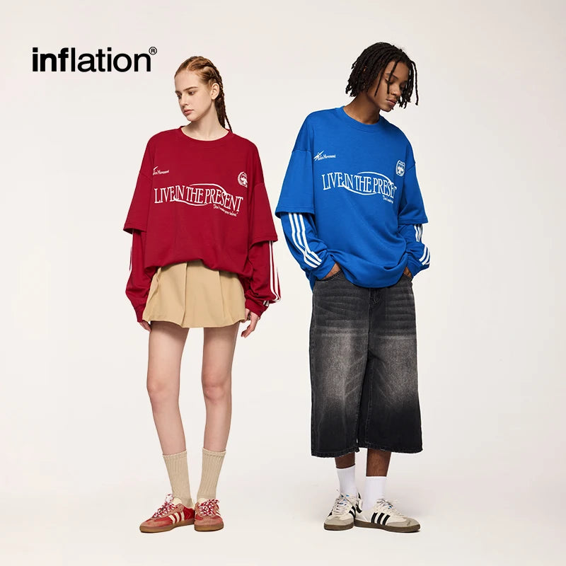 INFLATION Retro Double Layer Tshirts Men Streetwear Hip Hop Oversized Long Sleeve Tees Sportswear