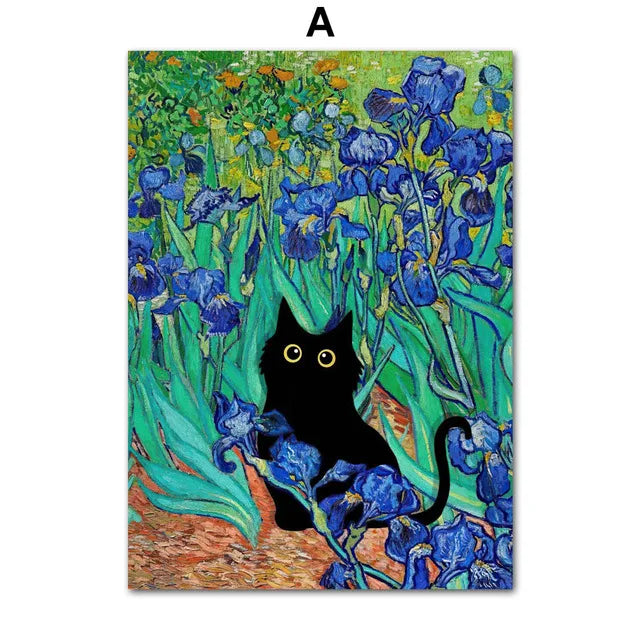 Funny Art Matisse Monet Black Cat Van Gogh Sunflowers Canvas Painting Posters and Prints Wall Pictures for Living Room Decor