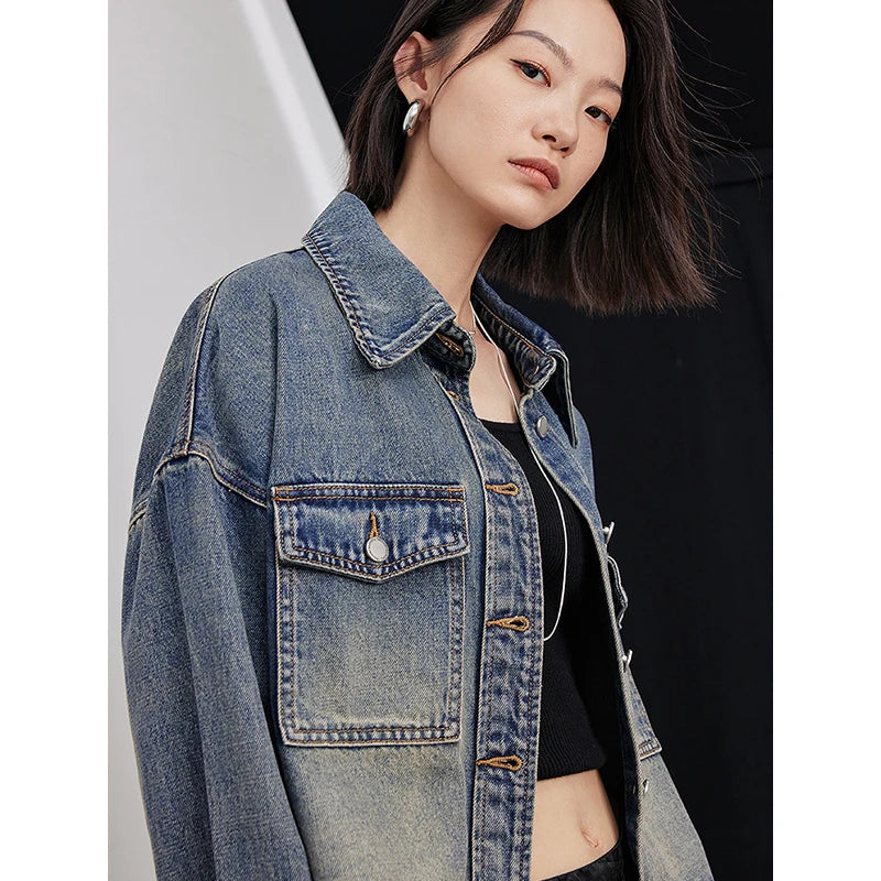 TOYOUTH Women Denim Jacket 2024 Autumn New Turn Down Collar Single Breasted Button Short Jacket