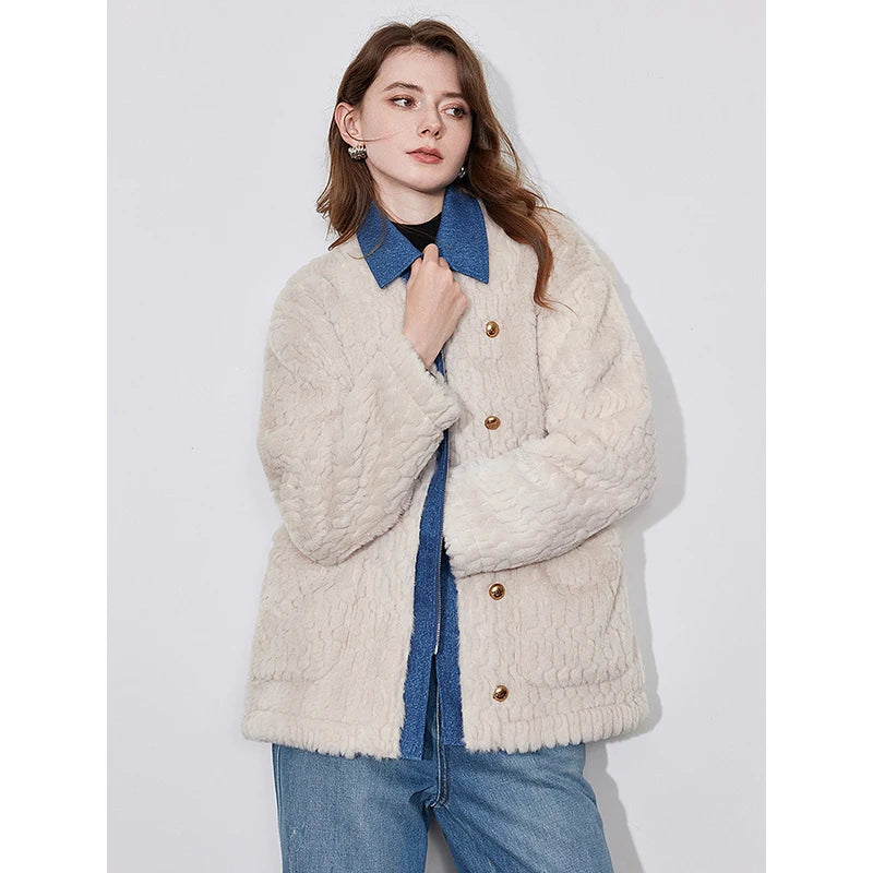 TOYOUTH Women Jacket Coat 2024 Winter New Rabbit Fur Denim Splicing Turn Down Collar Thicking Warm Outwear Cotton Coat