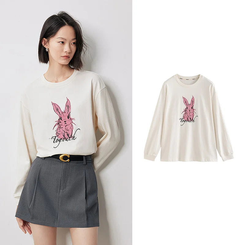 TOYOUTH Women Long Sleeve T-shirt 2024 Autumn New Rabbit Printed Pullover White Tops